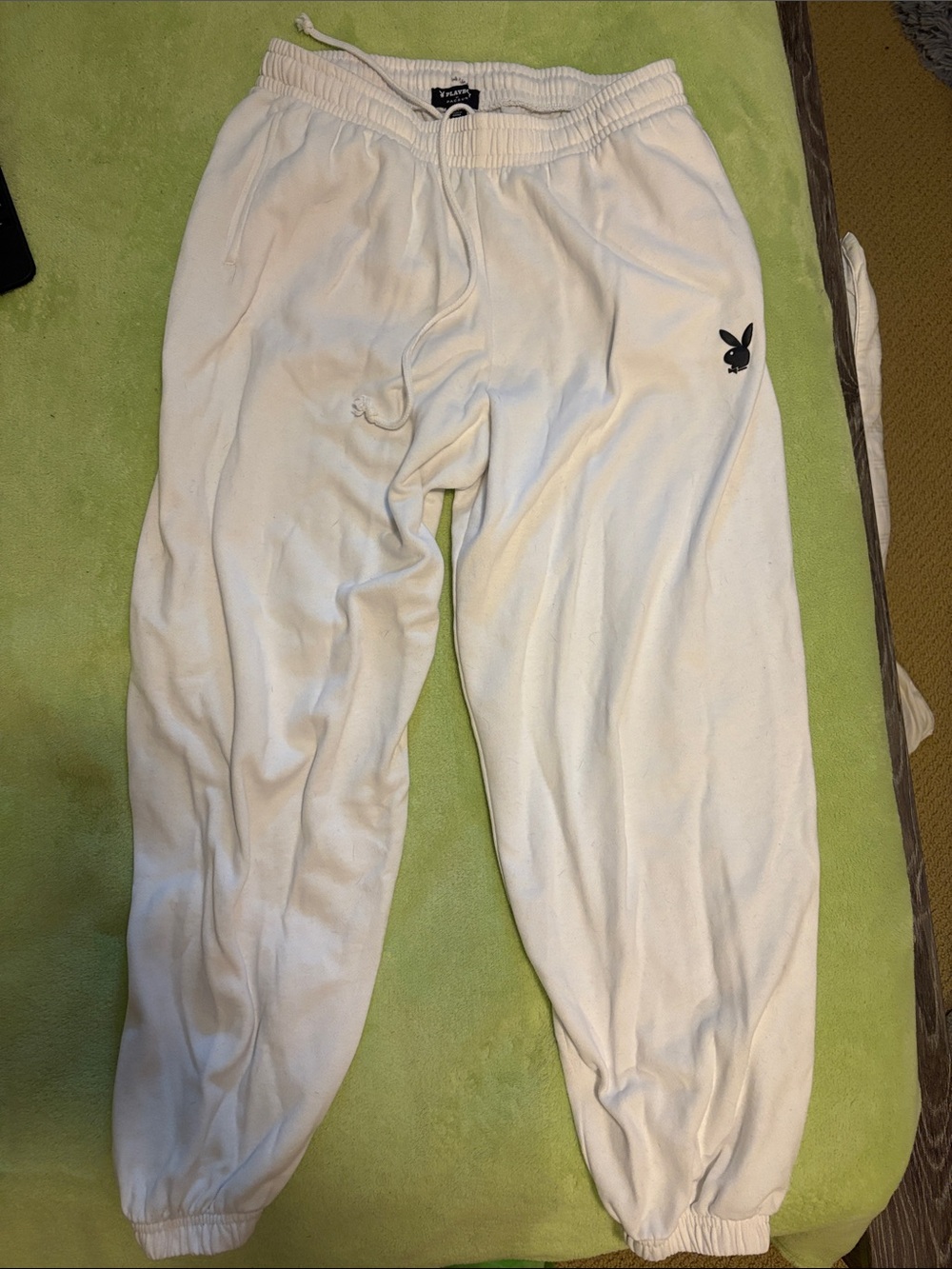 PLAYBOY White Jogger Sweatpants with Black Bunny Patch